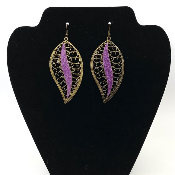 Goldtone Scrollwork Lavender Long Dangle Earrings - Picture 1 of 5